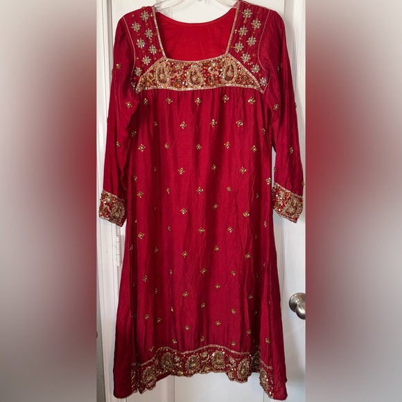 Like New VTG Red Heavily Beaded Indian Dress - Picture 1 of 8